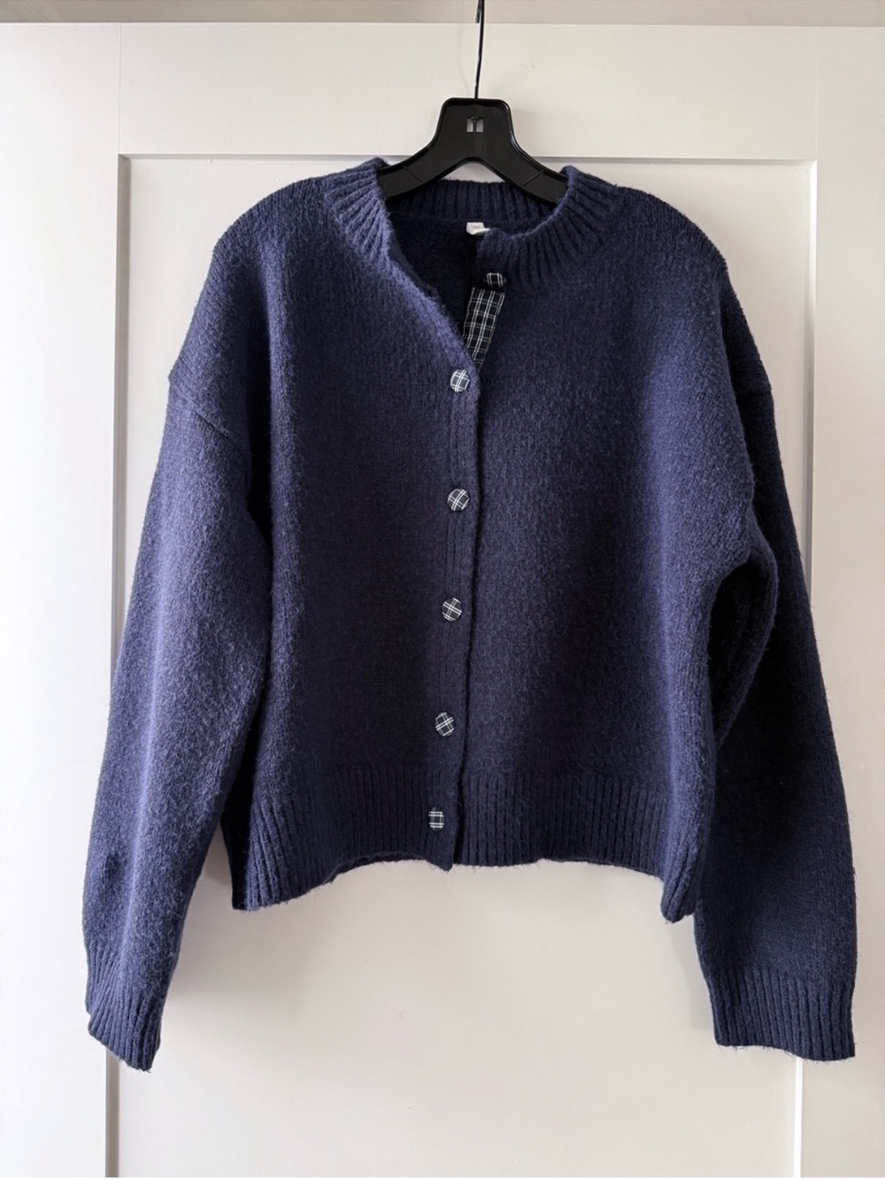 Wishlist Navy Blue Plaid Button Crew Neck Cardigan Sweater Medium